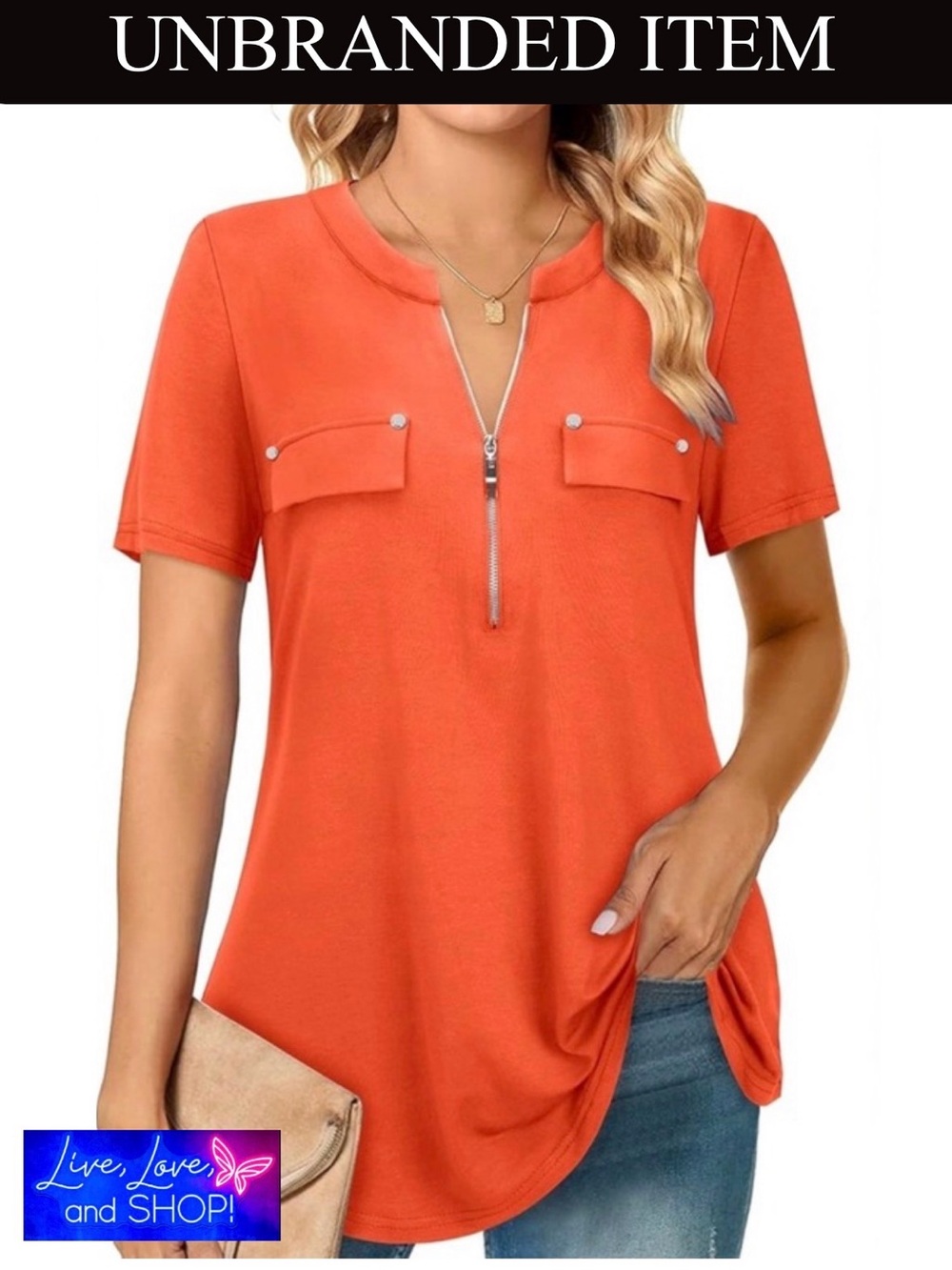 SHIRT:Coral/Orange Zip Front V-Neck Casual Short Sleeve, EUC